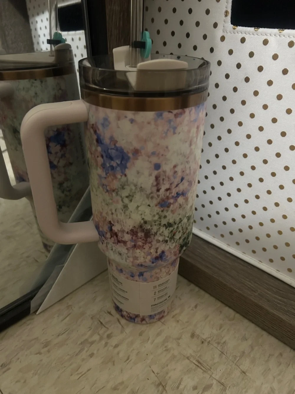 Stanley Floral Pastel Travel Mug with Pink Handle and Gold Rim - Picture 3 of 3